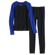 Boys Cuddl Duds 2-Piece Faux Raglan Sleeve Thermal Base Layer Set Blue Black XS