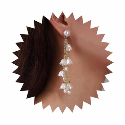 Boho Flower Chain Earrings Vintage Pearl Flower Tassel Earrings Gold Bell Orchid
