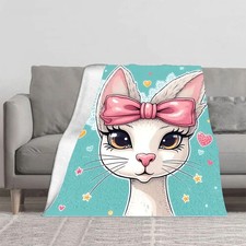 Cute Cartoon Cat Flannel Blanket - Soft Warm Cozy Design with Whimsical Hearts