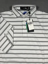 RLX Ralph Lauren Mens Small Short Sleeve Performance White Gray Stripe Golf Polo