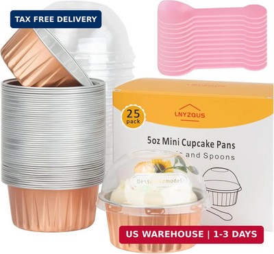 5oz Cupcake Baking Cups with Lids 25 Pack, Foil Muffin Tin Mini Cake Pans Small