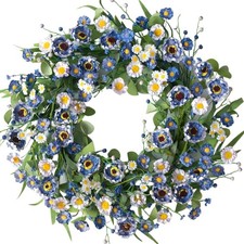 Blue White Daisy Spring Wreath for Front Door, 22 Inch Spring Summer Floral Wrea