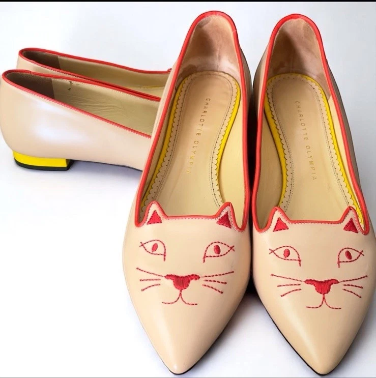 Charlotte Olympia Kitty Cat Loafers Flats Nude Leather Red Trim Yellow Heel 39.5 - Image 4 of 4