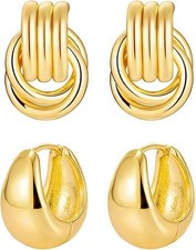 2 Pairs Gold Chunky Knot Earrings Huggie Hoop Earrings for Women Trendy State...