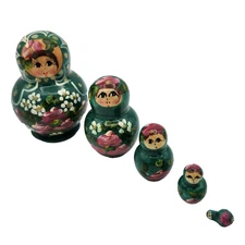 Hand Painted Matryoshka Nesting Dolls Set 5 Pieces Floral Green Russian Wood