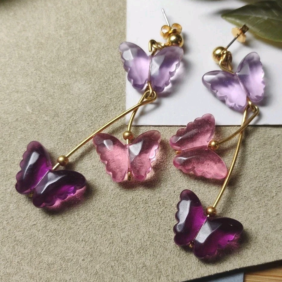 Pendientes AVON 1993 Mariposa Deslumbrante Tono Dorado 2.5" Púrpura/Rosa Acrílico! Foto 3 de 4