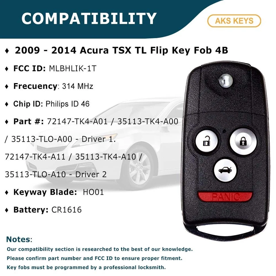 Reemplazo para Acura TSX 09 10 2011 2012 2013 2014 Mando a distancia sin llave Llavero abatible Foto 4 de 4