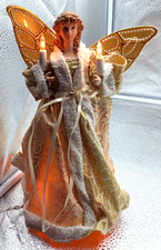 Vintage Lighted Angel Christmas Tree Topper  Stand alone Golden Gown Wings 10"