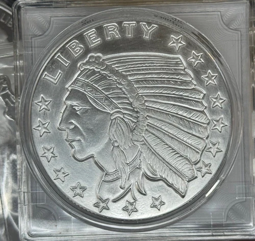 5 oz Silver Round Incuse Indian Design .999 Fine In A Capsule No Date