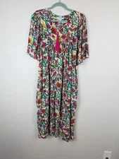 Go Softly Patio Dress Womens Large Multicolor Floral Tassel Pocket Rayon Boho