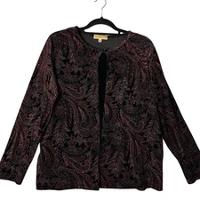 Notations Top Womens XL Black Red Sequin Long Sleeve Layered Look Floral Blouse