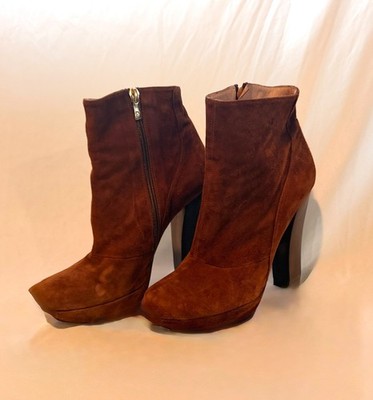 PURA LOPEZ Dress Boots Brown Suede Round Toe High Heel Ankle Boots Size 38.5