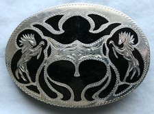 Vintage R B Cowboy Two Horses Hand Crafted Engraved Inlay Western Belt Buckle