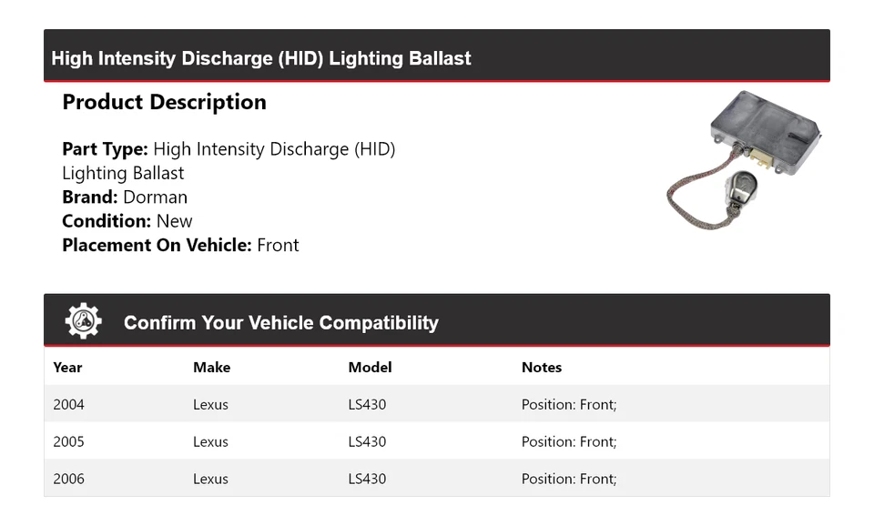 Lastre delantero 2005 iluminación HID para Lexus LS430 2004-2006 Dorman Foto 2 de 4