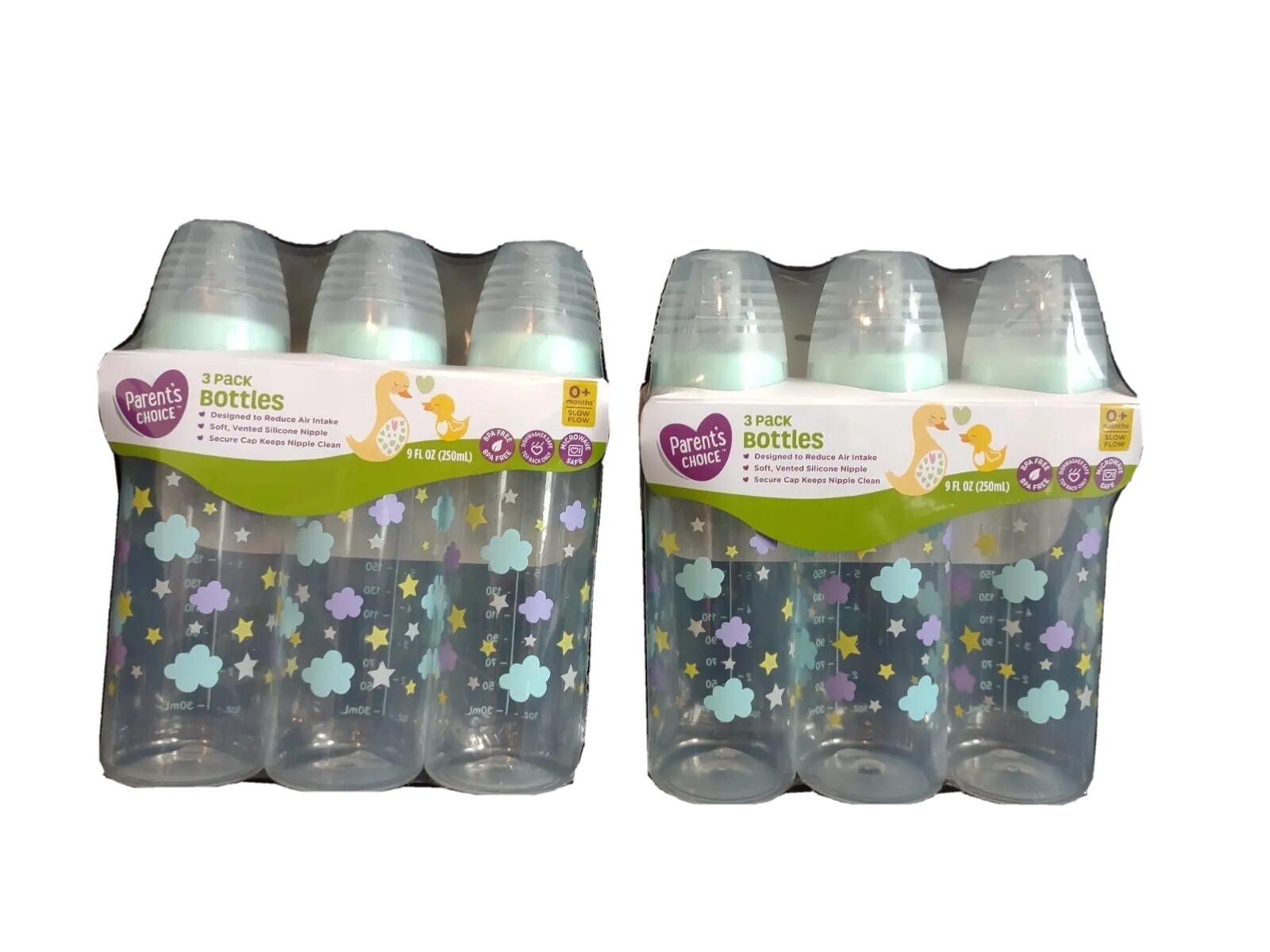 6 Parent's Choice Baby Bottles 9 oz. 0+ Months Slow Flow clouds and star design