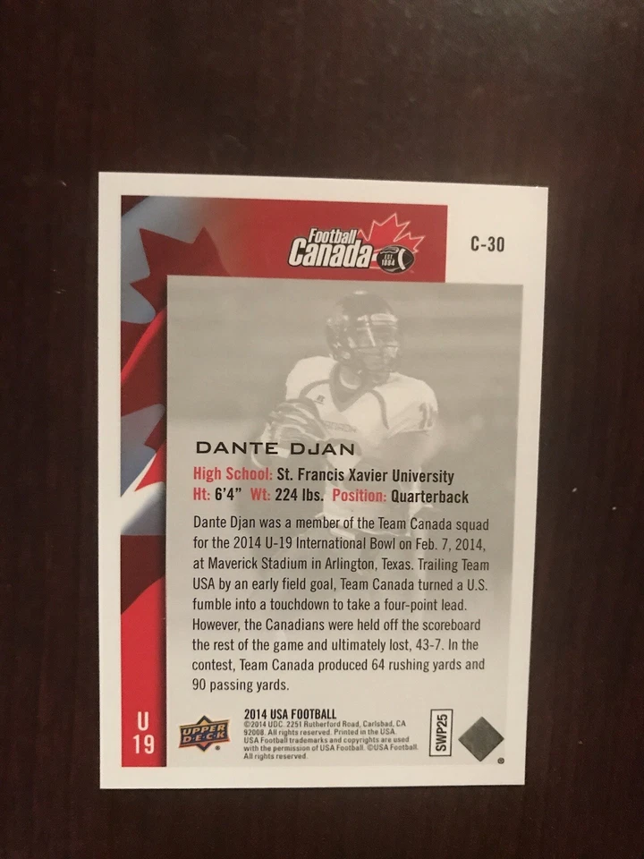 2014 Upper Deck USA Football Team Canada #C30 - Dante Djan - Image 2 of 2