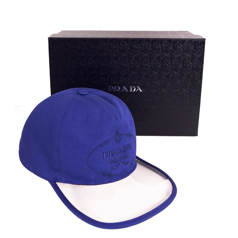 sz L NEW $420 PRADA Blue Cotton Embroidered LOGO Clear PVC sz L NEW $420 PRADA Blue Cotton Embroidered LOGO Clear PVC