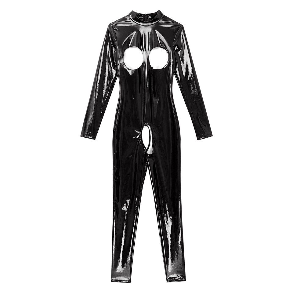 MMWMJWMB Women Bodysuit Shiny Patent Black Leather