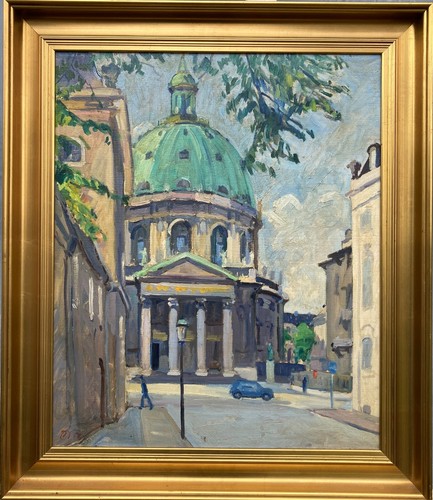 Ölbild Impressionist 1952 Per Sonne Dänemark Stadtansicht mit Kirche und Auto