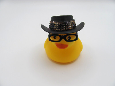HAND DECORATED YELLOW RUBBER DUCK W/ BLACK EYEGLASSES AND BLACK COWBOY HAT