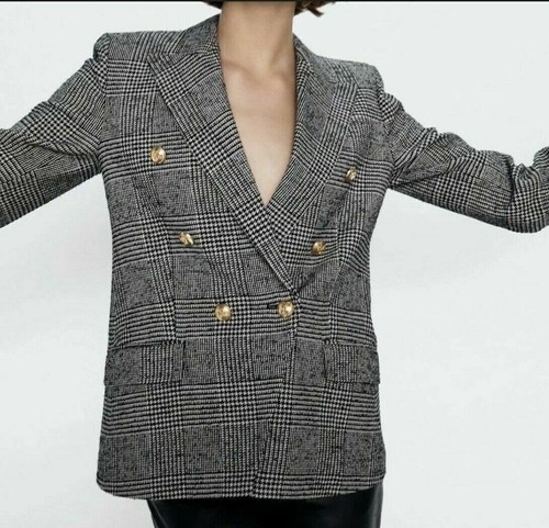CHAQUETA BLAZER RARA ZARA PATA DE GALLO A CUADROS GRIS DOBLE BOTONADURA MEDIANA M NUEVA - Imagen 8 de 10