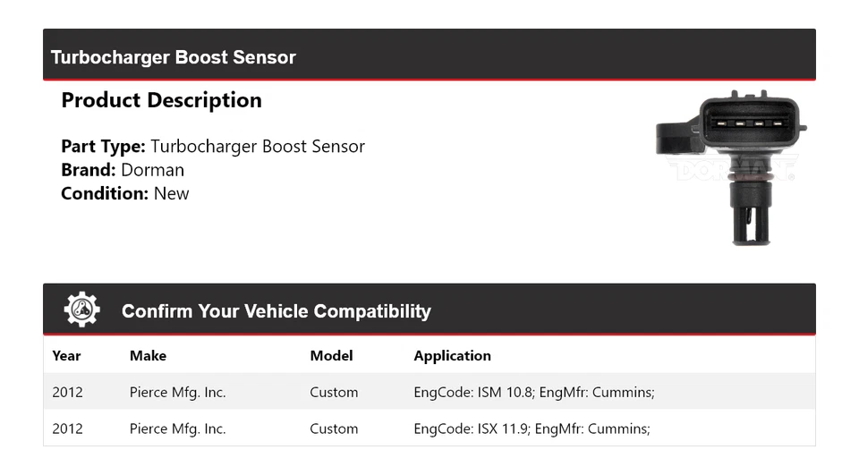 Para Pierce Mfg 2012 Inc. Sensor de refuerzo de turbocompresor Dorman personalizado Foto 2 de 4