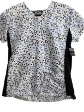 Women’s Nurse Scrub Top White With Blue Hears Black Back, Small Brand New As Is!