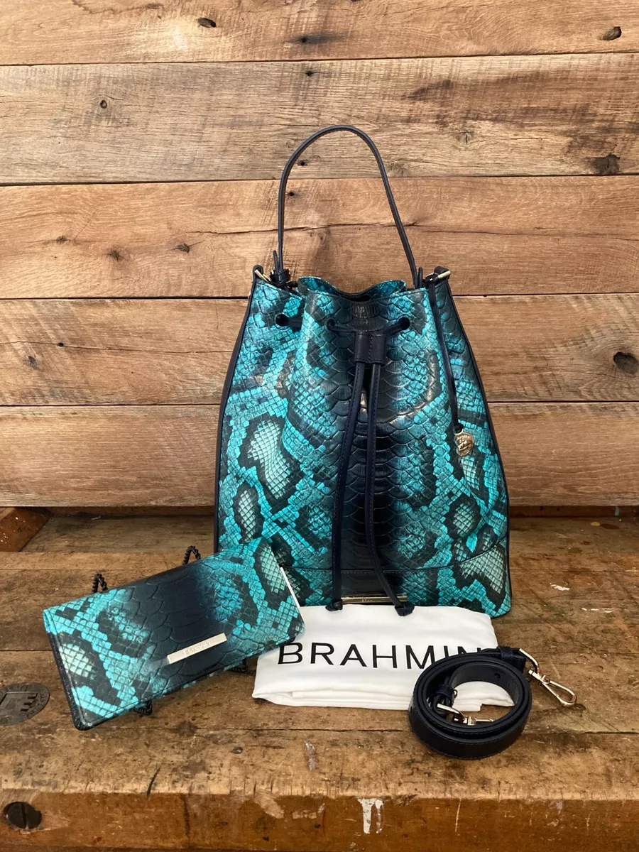 Brahmin Marlowe Blue Waterford Leather Drawstring Bucket & Ady Wallet-NWT