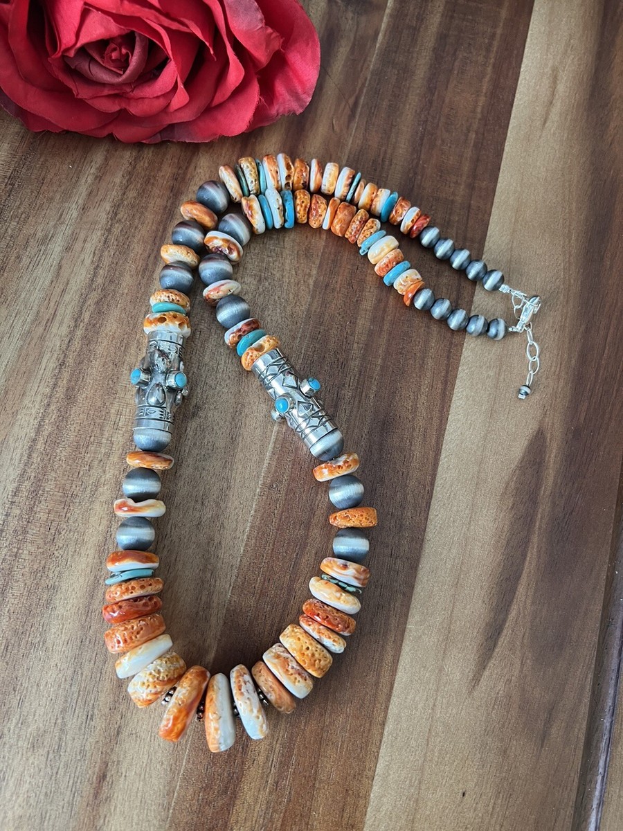 Sterling silver orange Spiny Oyster bead necklace 24 inch