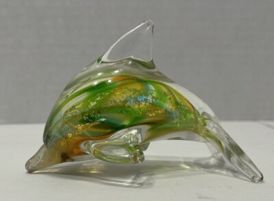 Global Village Glass Studios Dolphin Paperweight Figurine Green Orange 2011