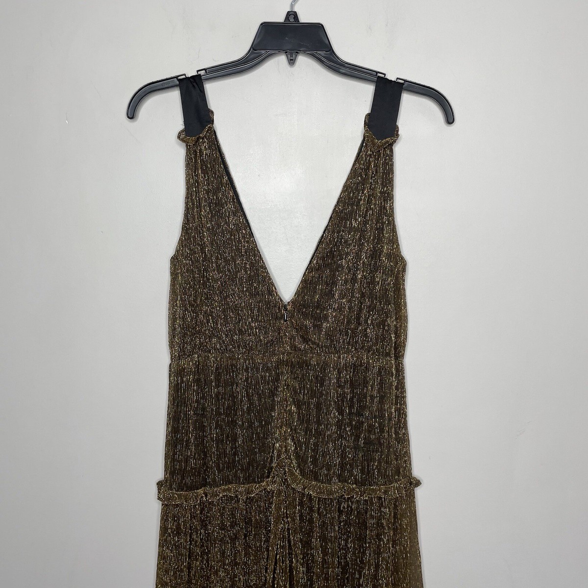 HUTCH Dress Women 12 Tiered Gown Sleeveless Metallic Gold Black Deep V  Lined | eBay