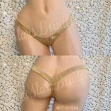 New Exotic Dancer Rave Wear Nude X-Wide Thong W/Rhinestone Accents