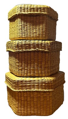 Set of 3 Hexagon Hand Woven Grass Nesting Stacking Trinket Tea Jewelry Basket