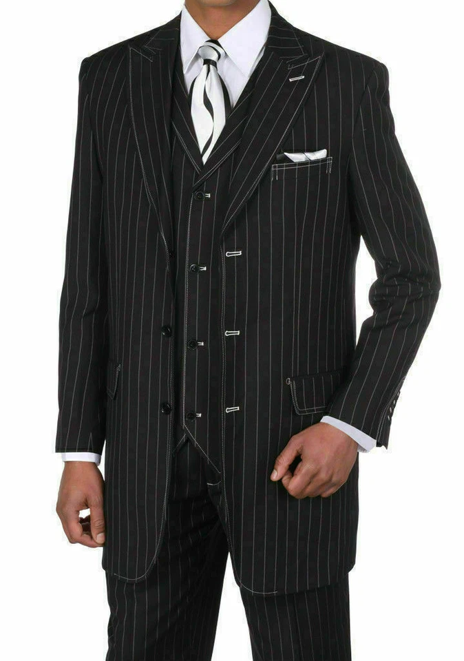 New Men's Classic Pinstriped Suit With Vest Black/White 36" Length 38R~60L - Image 3 of 3
