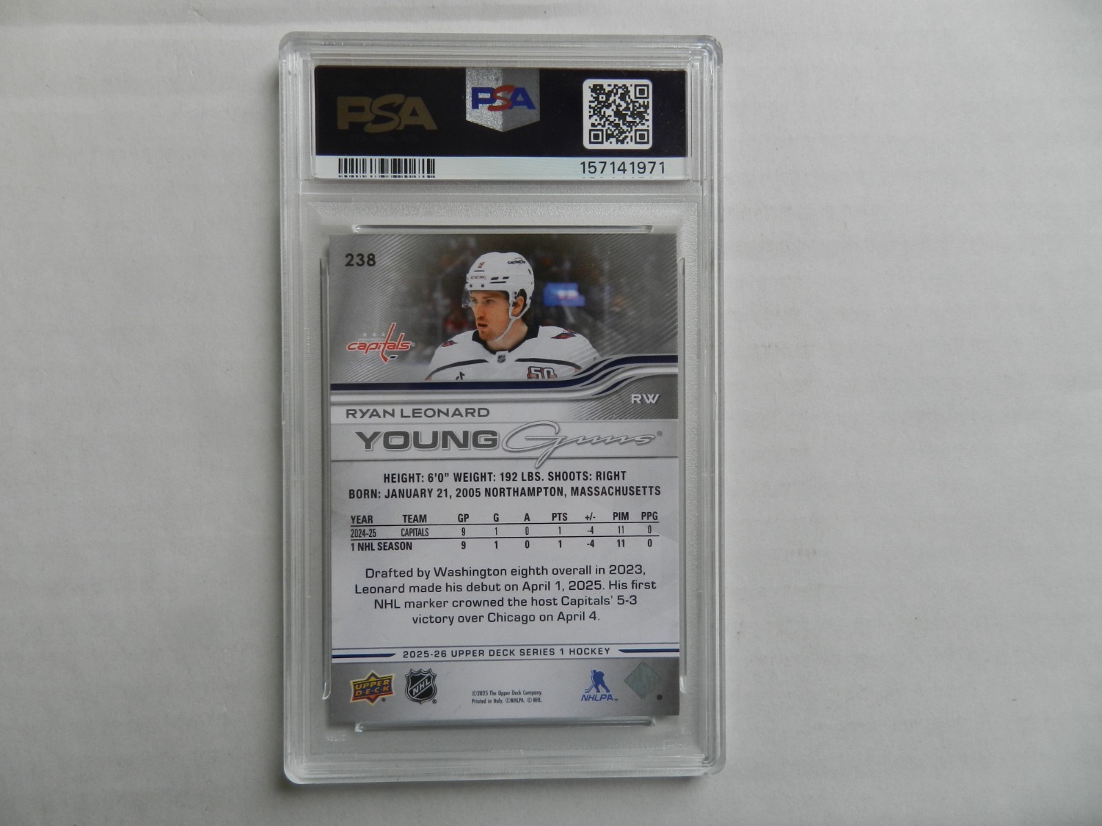 Ryan Leonard 2025-26 Upper Deck Young Guns #238 Psa 8 NM-MT Washington Capitals  view 2