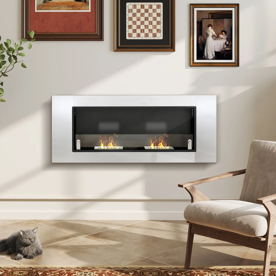 HOMCOM Camino a Bioetanolo da Parete con 3 Serbatoi e Coperchio Argento e Nero - Immagine 2 di 4