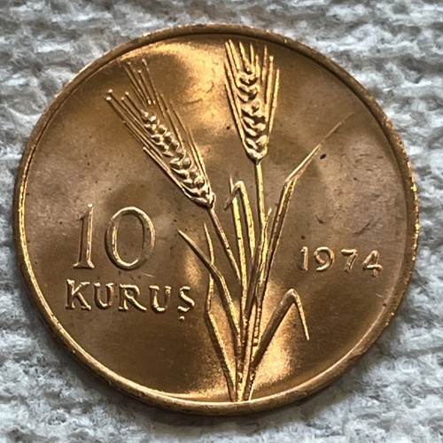 1974 Turkey Coin 10 kurus Europe Oat Stalks Crescent Moon and Star