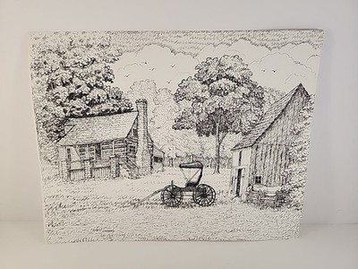 Robert Daugherty Vintage Print Ink Art Old Cabin Barn Scene Unframed 11'' x 14''