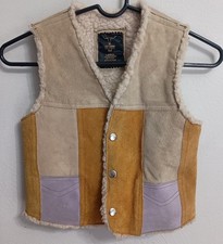 Vtg 80s Brown Suede Patchwork Sherpa Lined Kids Youth Vest Size M leather
