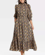 UNIVERSAL THREAD Peasant Dress Floral HIGH NECK Tiered Ruffle Hem COTTAGE sz XS