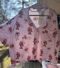 Strawberry Shortcake Pink Collared Short Sleeve Pajama Shirt Women  s XL Bows
