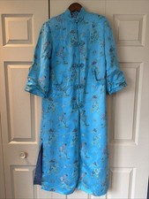 Vintage Peony Brand Shanghai China Embroidered Silk Blue Brocade Robe Sz 34