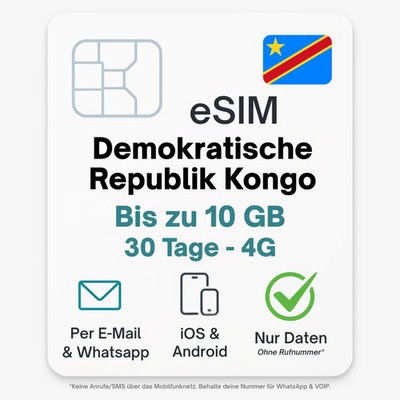 Demokratische Republik Kongo eSIM Datentarif digitale e SIM - per Mail- ohne ...