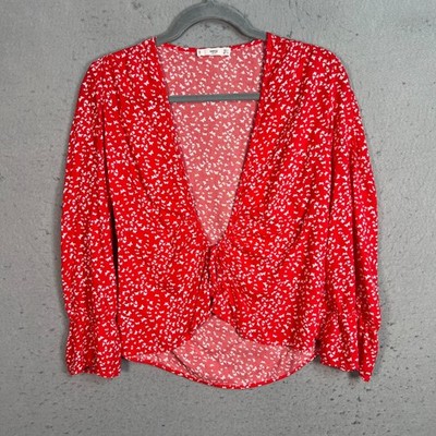 Mango Casual Red & White Butterfly Print V-Neck Blouse Size 4 100% Viscose