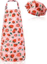Kids Apron and Chef Hat Set, Adjustable Toddler Apron for Girls with 2 Pockets,