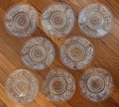 Set of 8 Vintage Duncan & Miller Sandwich Glass Clear 7 1/4'' Plates Nice READ!