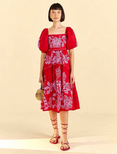 FARM Rio Palm Tree Richilieu Midi Dress Puff Sleeve Square Neck Medium Red NWT!