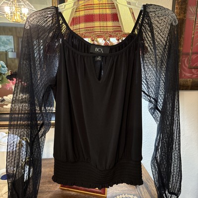 BCX Black Evening Top, Sz XS, Sheer Sleeves, Keyhole Front Design.