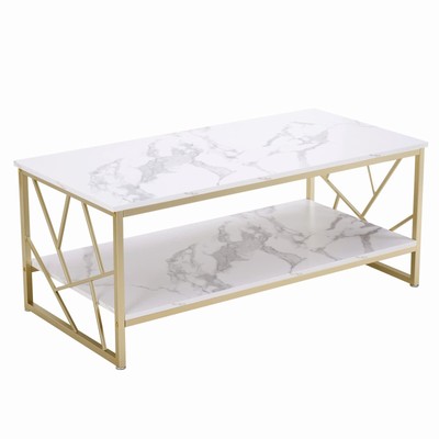 Ginhow Couchtisch 110x50 cm - Weißer Wohnzimmertisch mit Stauraum, MDF Marmor...
