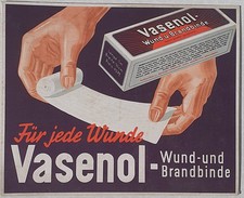 Vasenol - Wund und Brandbinde Pappschild, dicke Pappe, 31 x 25 cm, 30er Jahre